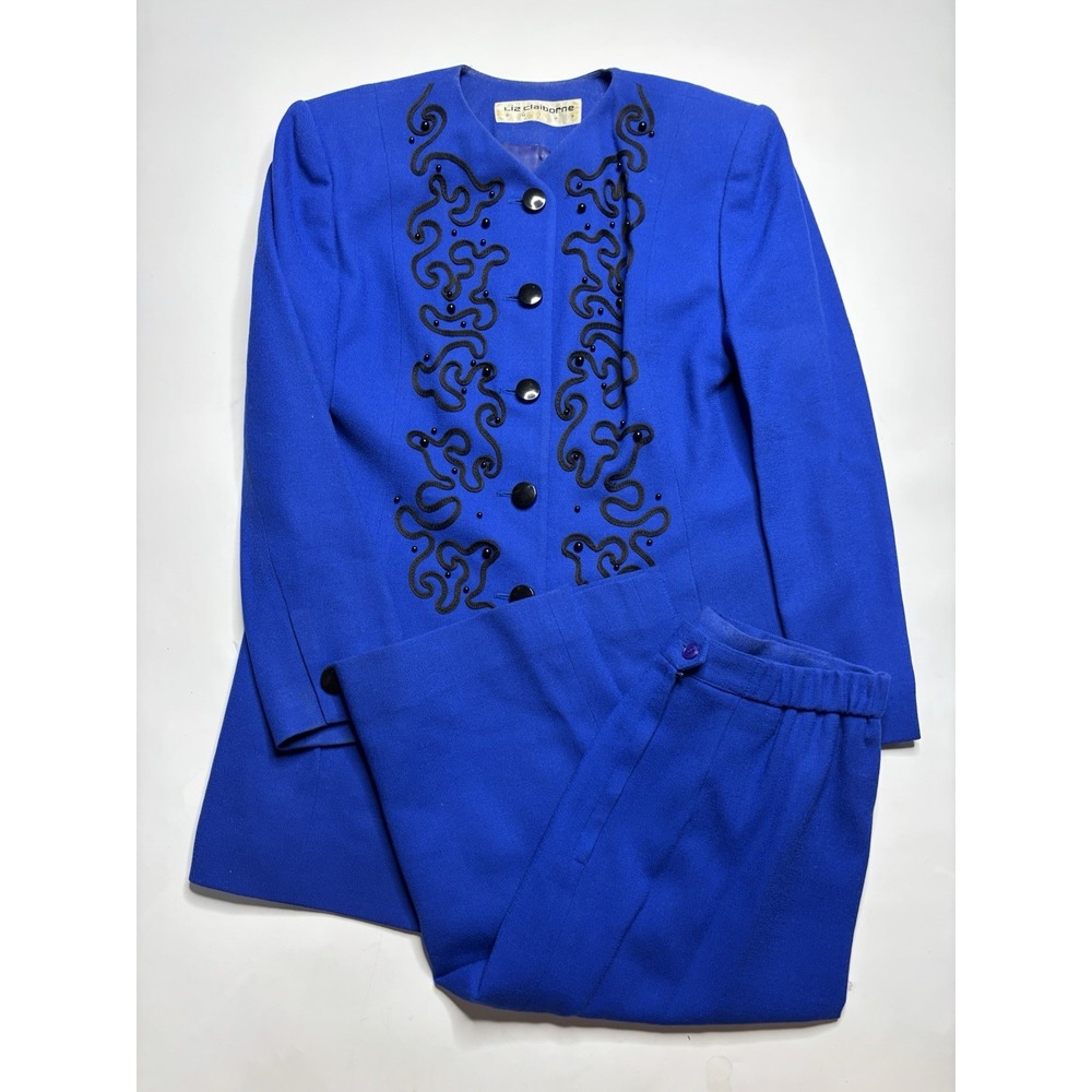 Liz Claiborne Suits Women's Sz 6? SEE‎ 100% Wool Blue Embroidered Skirt Suit Set